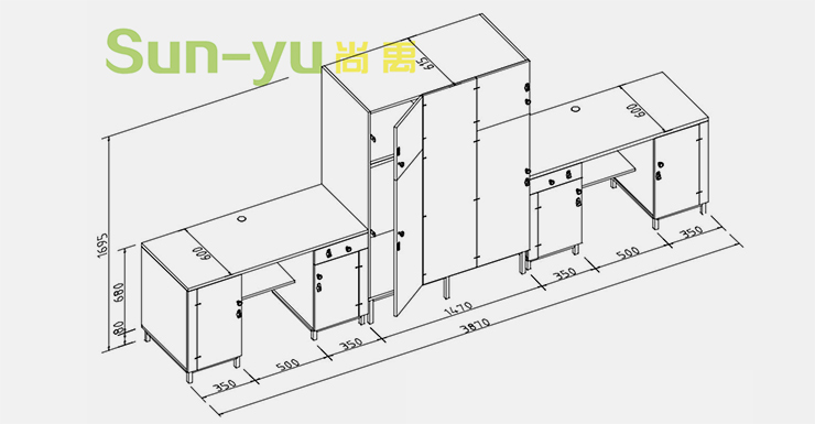 二连2人位-侧梯-组合桌柜设计图