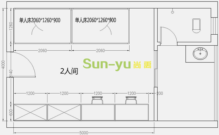 单人床-2人间平面布局图1