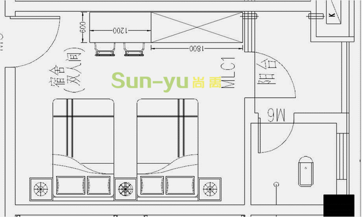 单人床-2人间平面布局图3